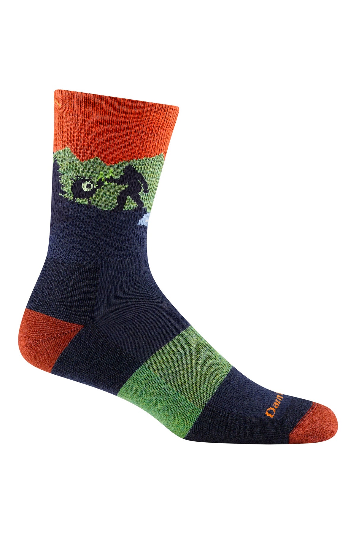 Darn Tough Men's Close Encounters Micro Crew Midweight Hiking Socks in Eclipse, a midweight cushioned merino hiking sock with a Bigfoot scene for hikes, camping and everyday wear with boots, a fun gift for outdoorsmen, guaranteed for life