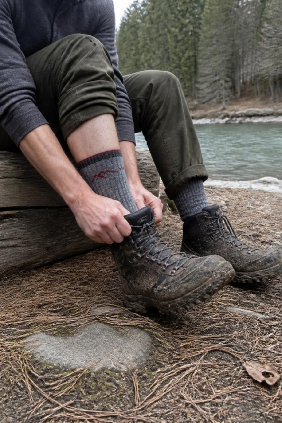 Darn Tough Men's Hiker Micro Crew Midweight 1466 Hiking Socks in Charcoal worn while lacing up muddy boots by a river, cushioned merino hiking socks built for long trail days, fishing trips and work boots, guaranteed for life