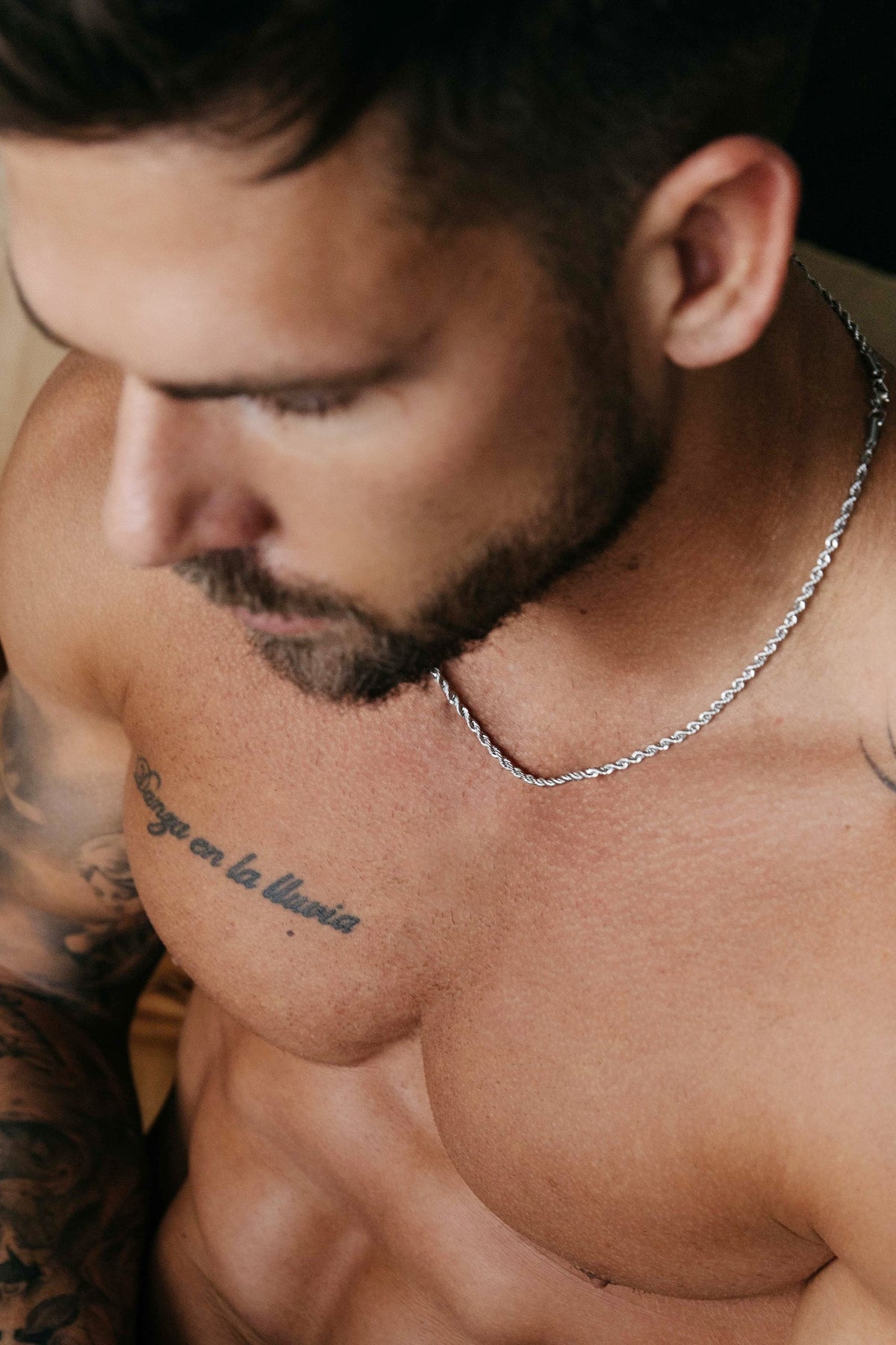 We Are All Smith Men's 3mm Rope Chain worn close up, a subtle waterproof stainless steel rope chain for everyday wear, the gym and the beach