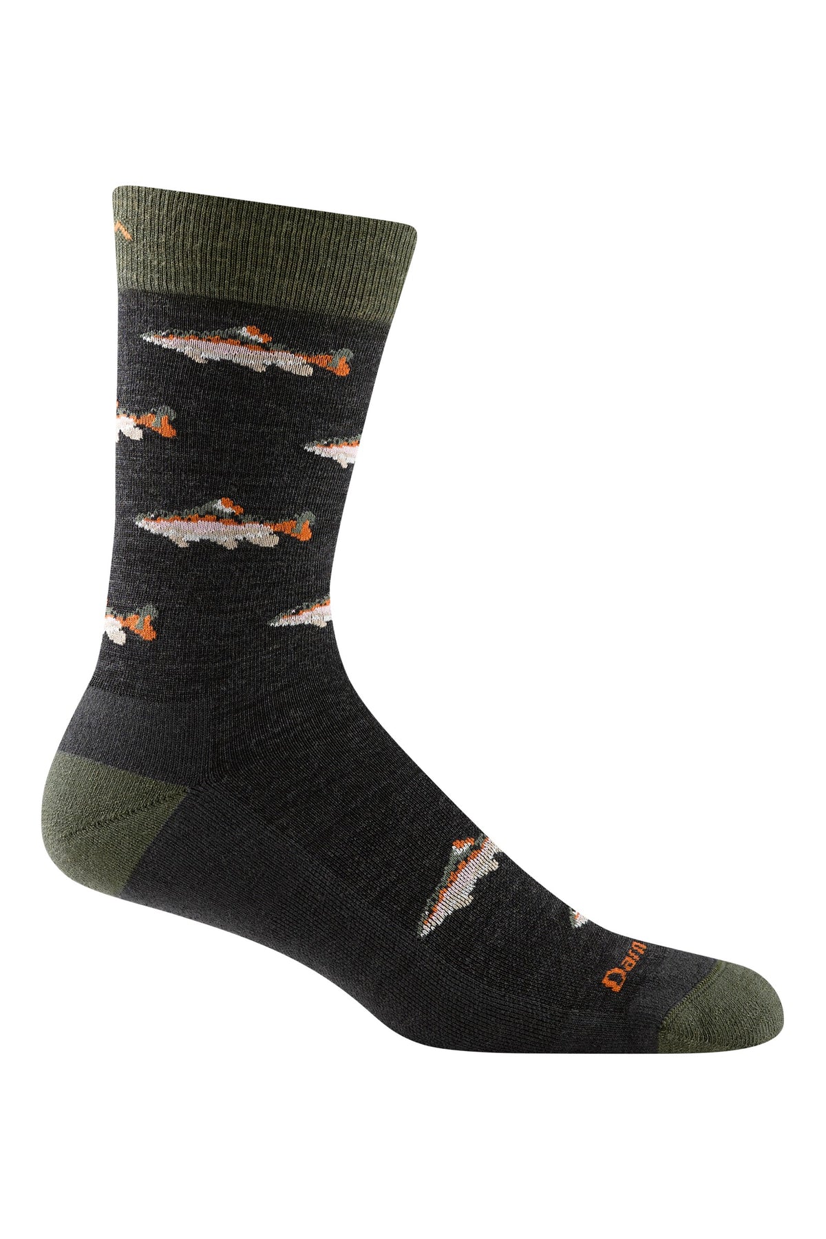 Darn Tough Men's Spey Fly Crew Lightweight Lifestyle Socks in Charcoal, a trout-pattern merino crew sock for anglers, fishing trips and everyday wear with boots or sneakers, a great gift for fly fishermen, guaranteed for life