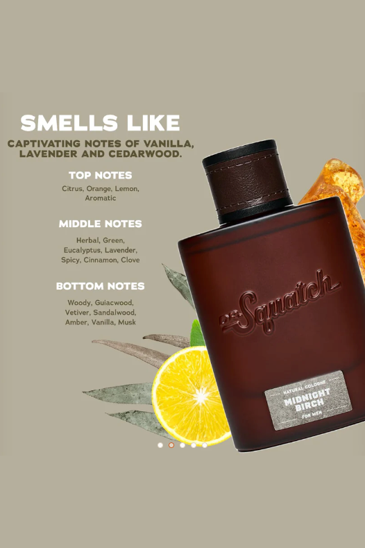 Dr. Squatch Midnight Birch cologne, an alluring, shadowy scent for date nights, evenings out and special occasions, a great gift for him