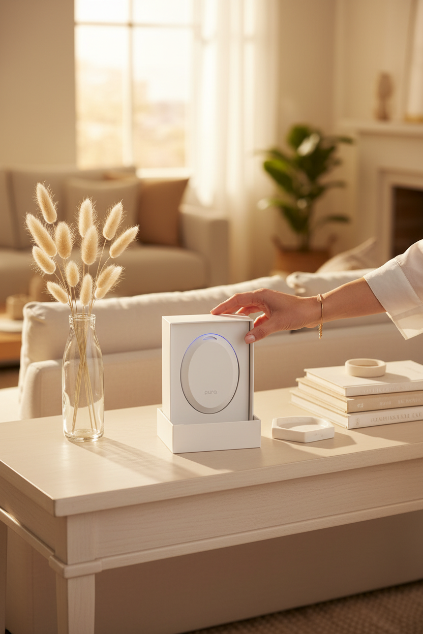 Pura Mini Device with packaging on a coffee table in a warm living room, perfect for filling small spaces with fragrance and easy gifting