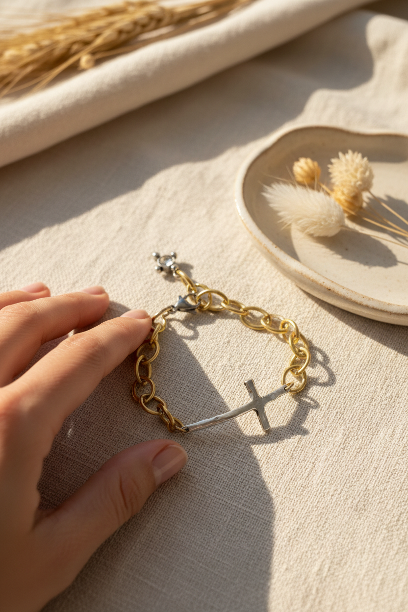 VB&CO Designs Mixed Metal Chunky Cross Bracelet styled on cream linen with dried florals, perfect for stacking, everyday wear and gifting