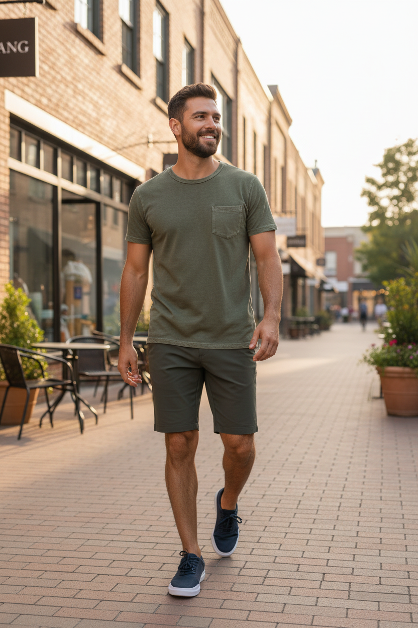 Man wearing the 7 Diamonds Momentum Short in Olive with the DUER PurePima Pocket Tee in Washed Kelp on a sunny shopping street, an easy warm-weather outfit for errands, patios and weekend strolls