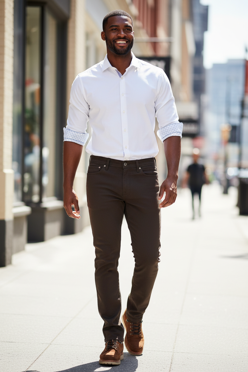 Man wearing the DUER No Sweat Athletic Jeans in Stout with the Johnston & Murphy Non-Iron Dress Shirt in White on a city street, a sharp, comfortable outfit for workdays, city strolls and dinners out