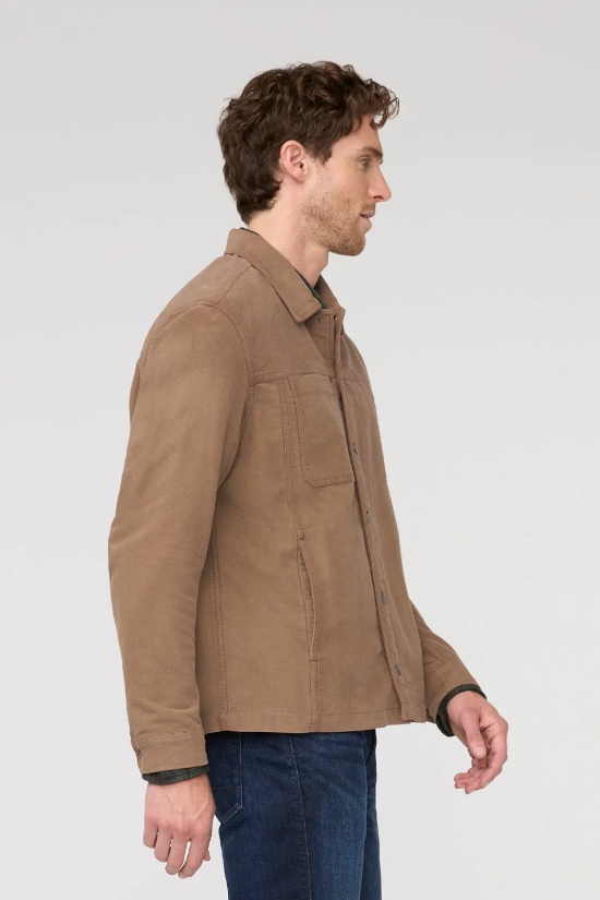 DUER No Sweat Moleskin Jacket in Dark Walnut, a rugged, good-looking layer for the office, outdoor adventures and chilly evenings