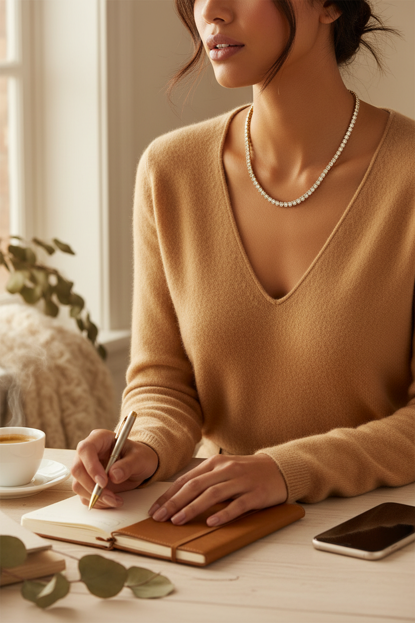Melinda Maria Not Your Basic Tennis Necklace worn with a camel sweater, a sparkling 18 inch tennis necklace for everyday wear, date nights and gifting