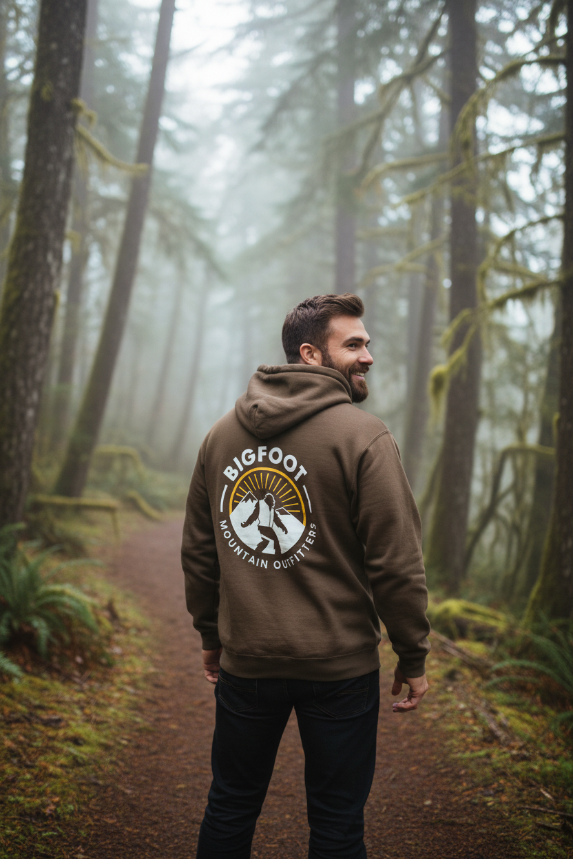 Bigfoot Mountain Outfitters Original Hoodie in brown on a misty forest trail, a cozy logo hoodie for PNW hikes, camping trips and cool fall evenings.