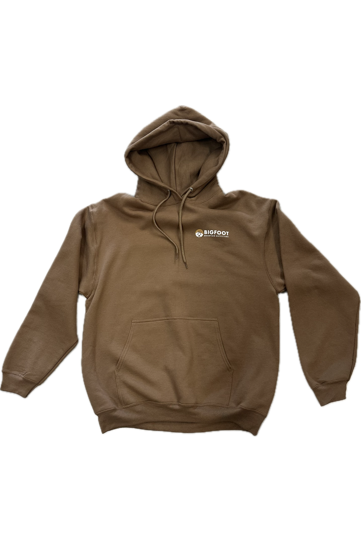 Front of the Bigfoot Mountain Outfitters Original Hoodie in brown with a small chest logo and pouch pocket, an easy everyday hoodie and a great gift for outdoor lovers.