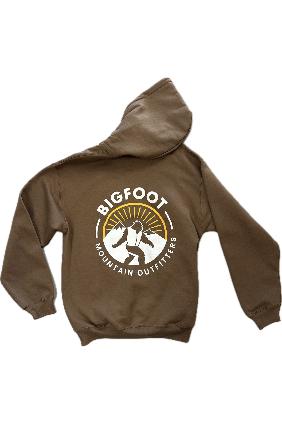 Back of the Bigfoot Mountain Outfitters Original Hoodie in brown with the large Bigfoot mountain logo, a soft fleece hoodie for chilly mornings, game days and weekends around Camas.