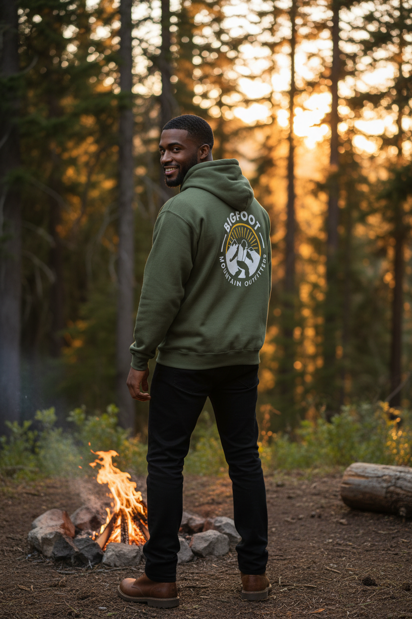 Bigfoot Mountain Outfitters Original Hoodie in green by the campfire, a cozy logo hoodie for camping trips, backyard fire pits and cool PNW evenings.