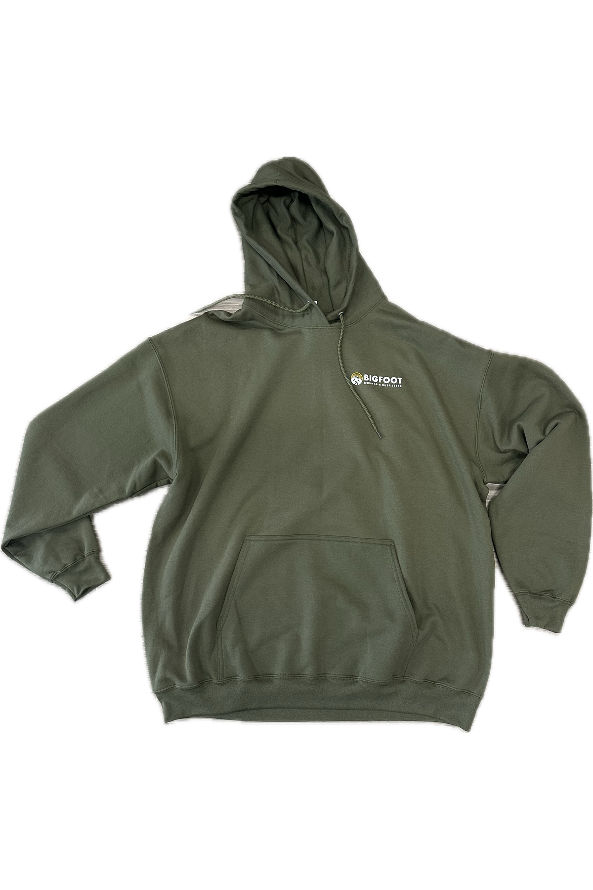 Front of the Bigfoot Mountain Outfitters Original Hoodie in green with a small chest logo and pouch pocket, an easy everyday hoodie and a great gift for outdoor lovers.