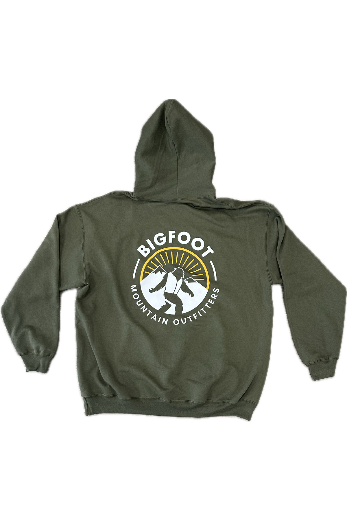 Back of the Bigfoot Mountain Outfitters Original Hoodie in green with the large Bigfoot mountain logo, a soft fleece hoodie for chilly mornings, game days and weekends around Camas.