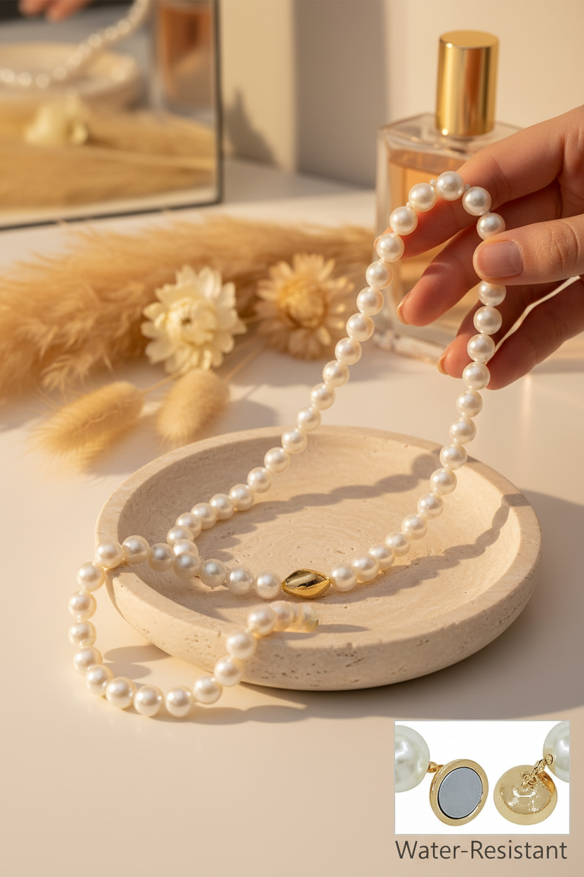 Pearl Beaded 17 inch Necklace with Gold Nugget on a travertine jewelry dish, perfect for layering, everyday wear and gifting