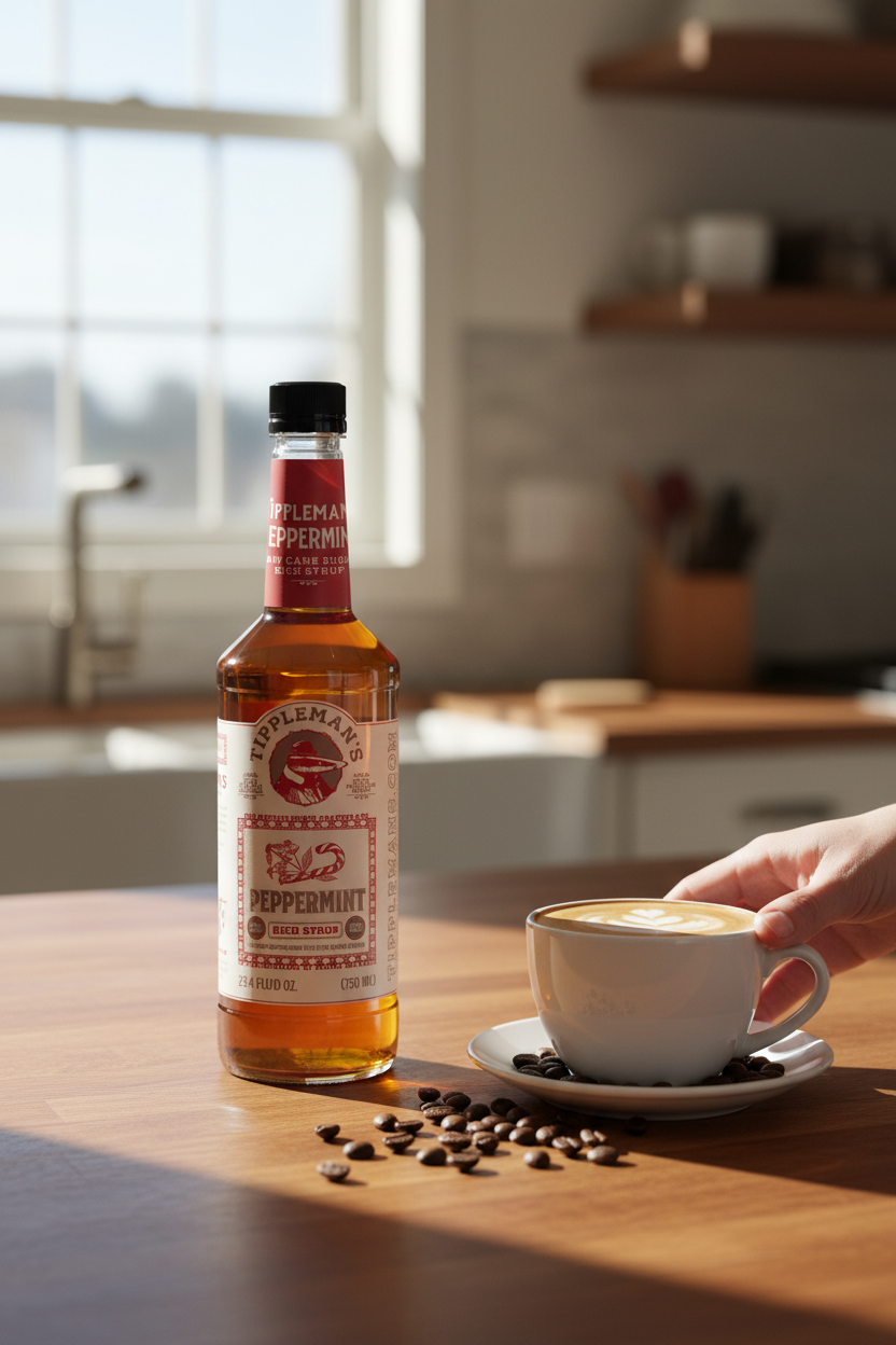 Bittermilk Peppermint Coffee Syrup on a kitchen counter with a latte, perfect for lattes, cocktails and holiday baking