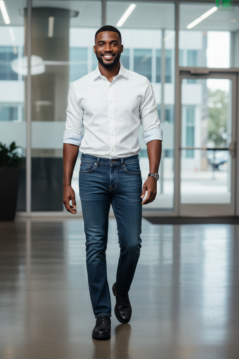 Man wearing the DUER Performance Denim+ Straight in Carbon Stone with the Johnston & Murphy Non-Iron Dress Shirt in White in a modern office, an easy outfit for the office, casual Fridays and business-casual days