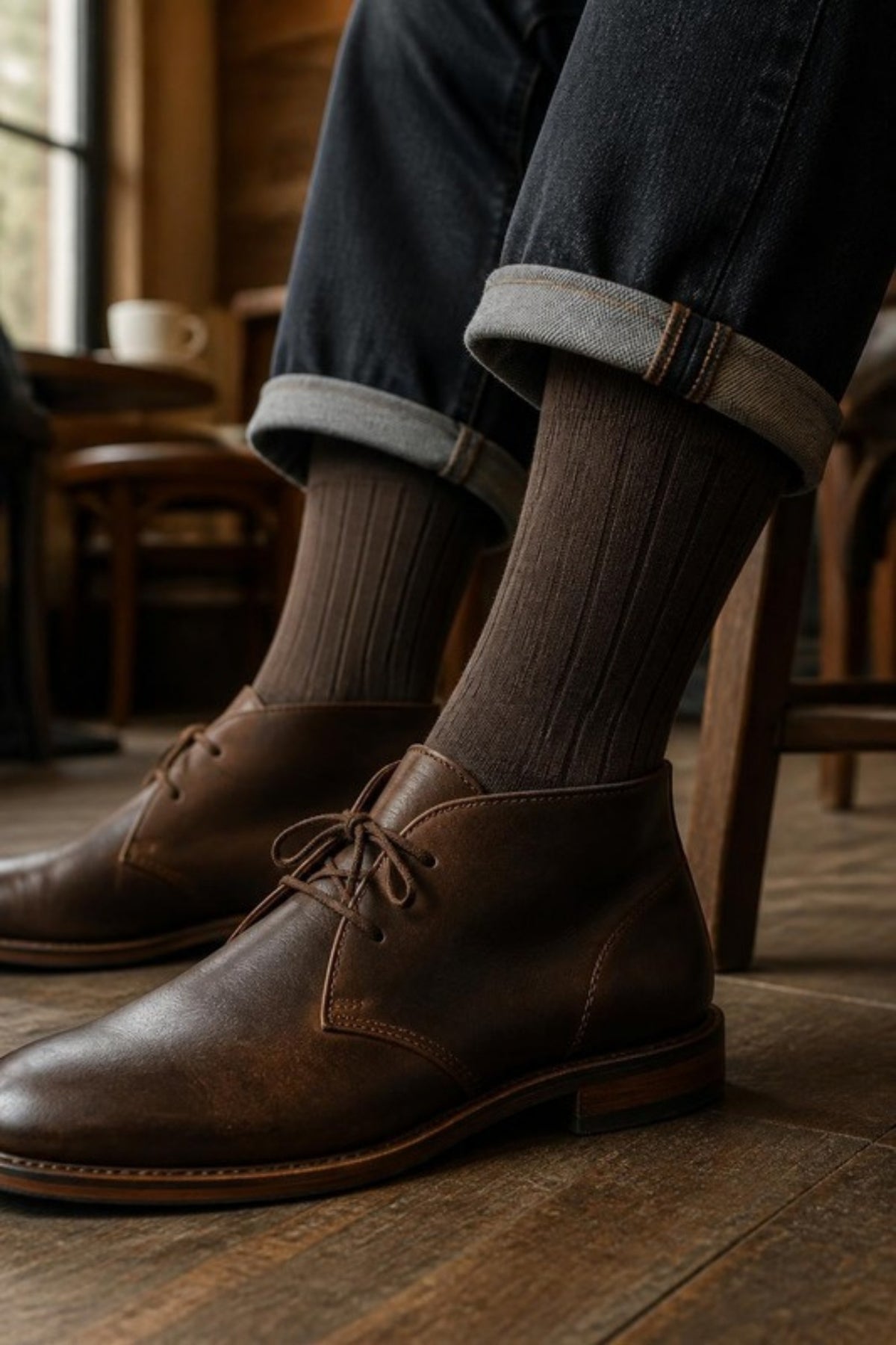 Johnston & Murphy Pima Cotton Ribbed Socks in Brown worn with cuffed jeans and chukka boots, soft breathable socks that pair with boots and brown shoes for work, coffee runs and weekends