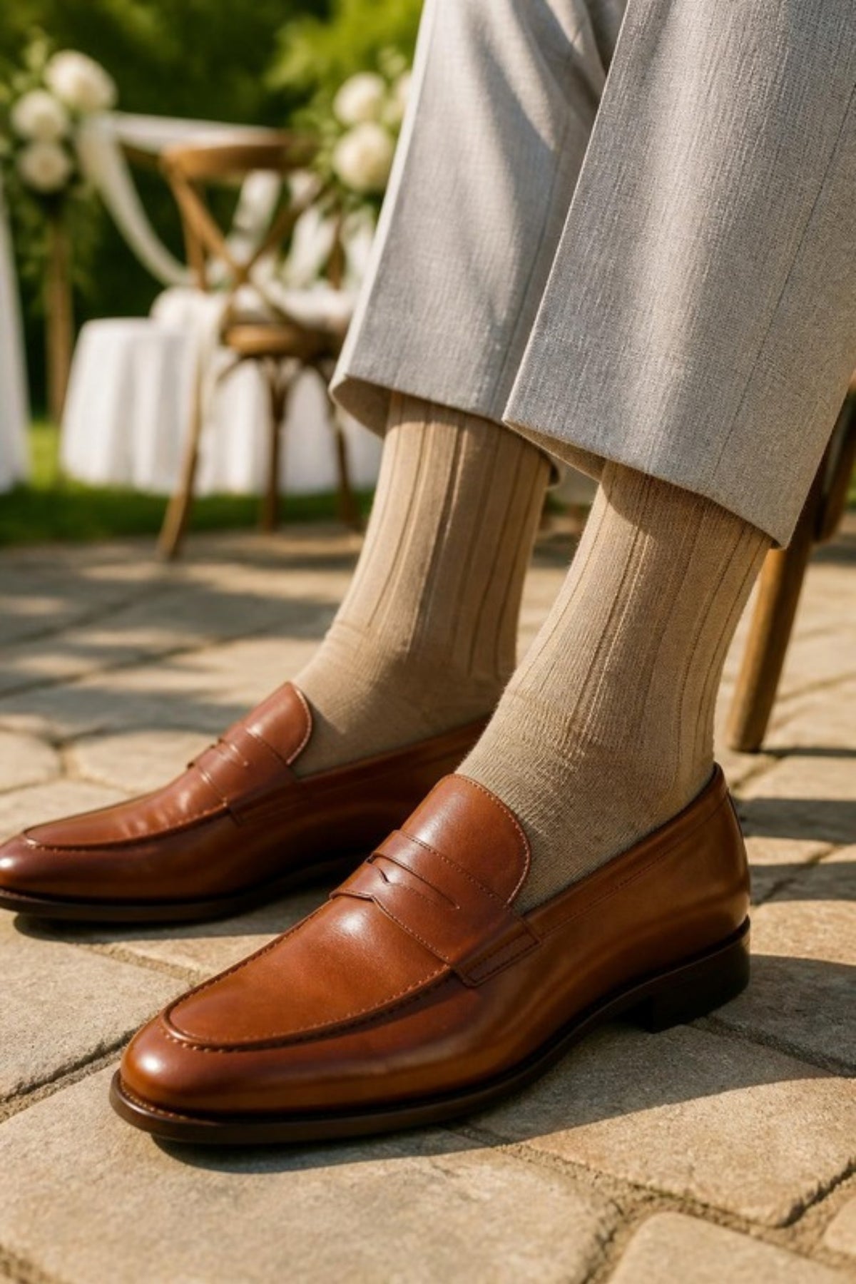 Johnston & Murphy Pima Cotton Ribbed Socks in Tan worn with light linen trousers and cognac loafers at an outdoor wedding, soft breathable dress socks for summer weddings, garden parties and warm-weather office days