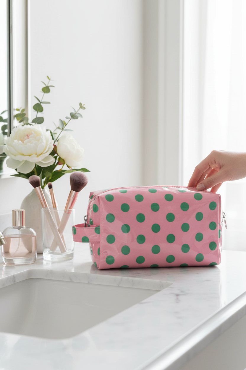 Arktana Polka Dot Makeup Bag in Pink with Green Dots on a marble vanity with makeup, perfect for makeup, toiletries, travel and gifting