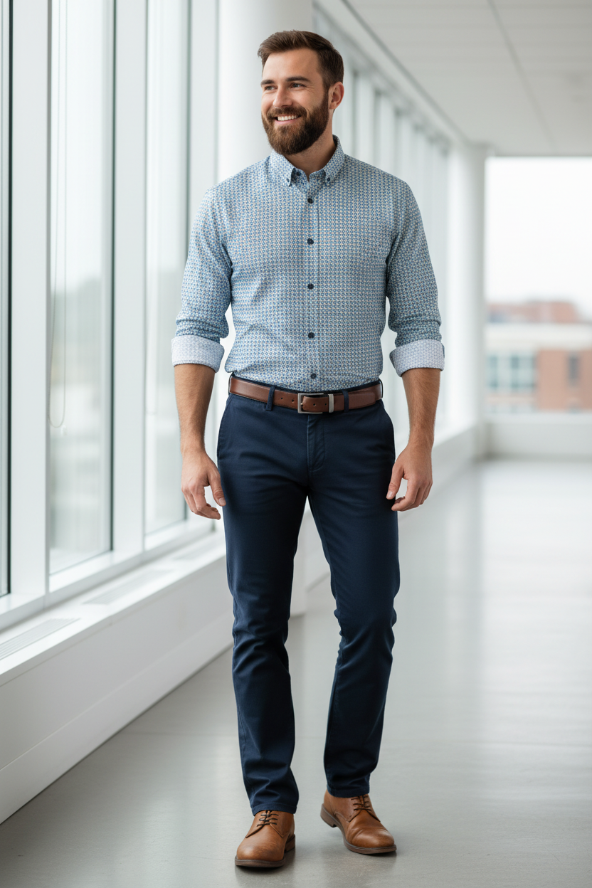 Johnston & Murphy Printed Cotton Shirt in blue/brown, a polished long sleeve shirt that keeps you comfortable and sharp through meetings, travel days and after-work drinks.