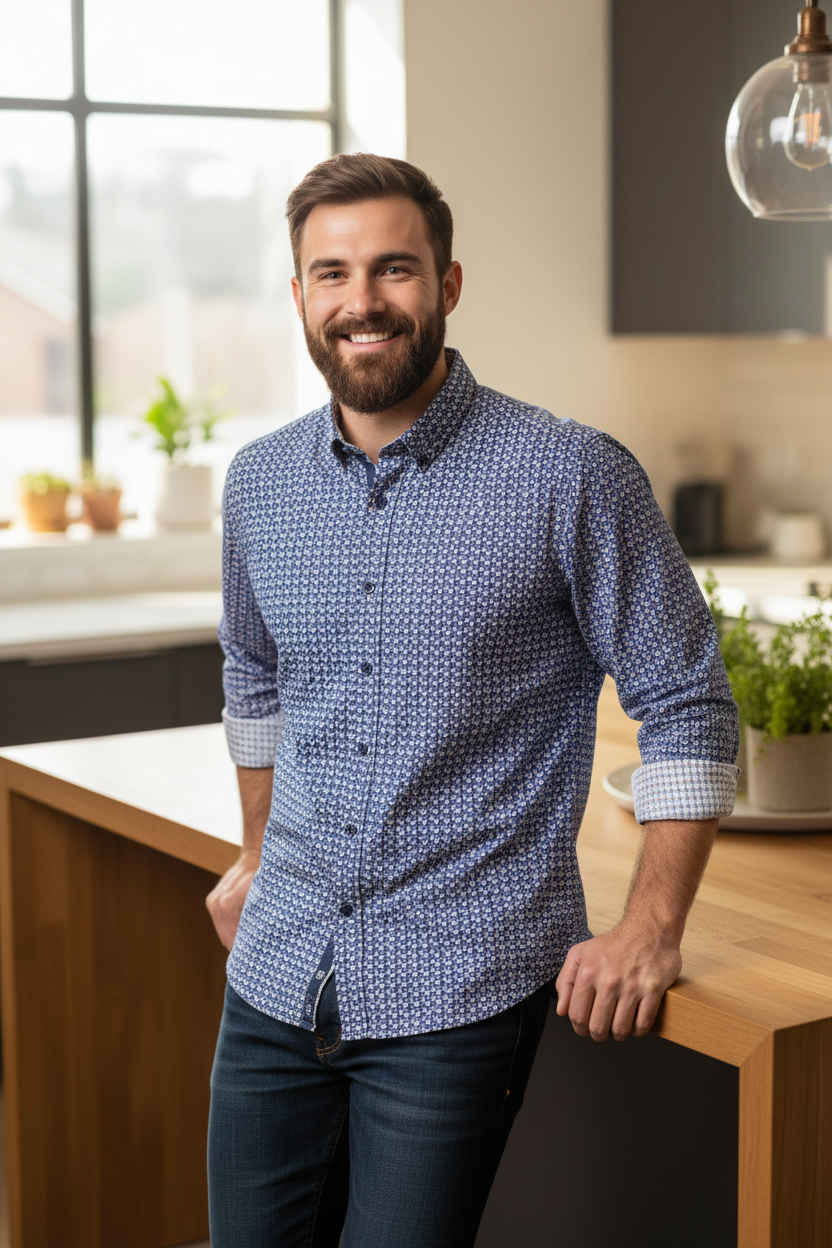 Johnston & Murphy Printed Cotton Shirt in pink/navy, an easy long sleeve shirt with personality for hosting at home, brunch and relaxed evenings out with friends.