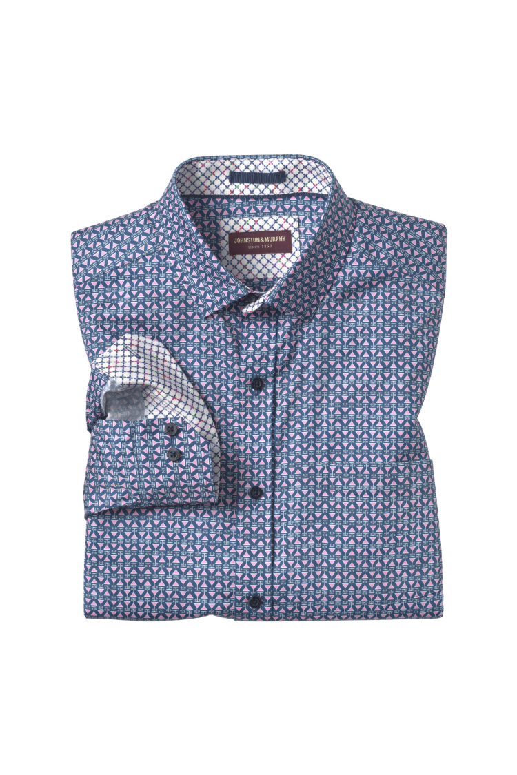 Johnston & Murphy Printed Cotton Shirt - Pink/Navy, a breezy short sleeve shirt for vacations, summer weddings, patio dinners and warm weekends
