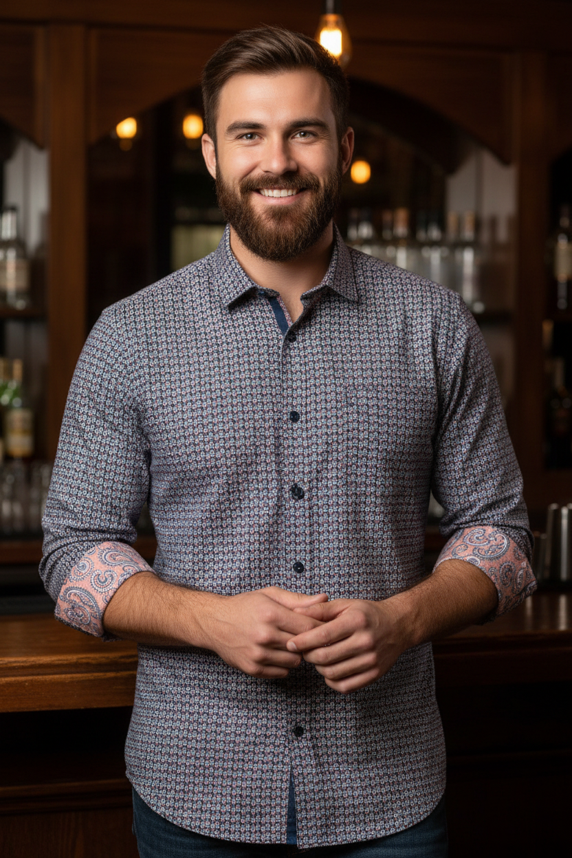 Johnston & Murphy martini print shirt in navy/burgundy, a fun stretch poplin button-up for cocktail nights, hosting friends at home and festive gatherings.