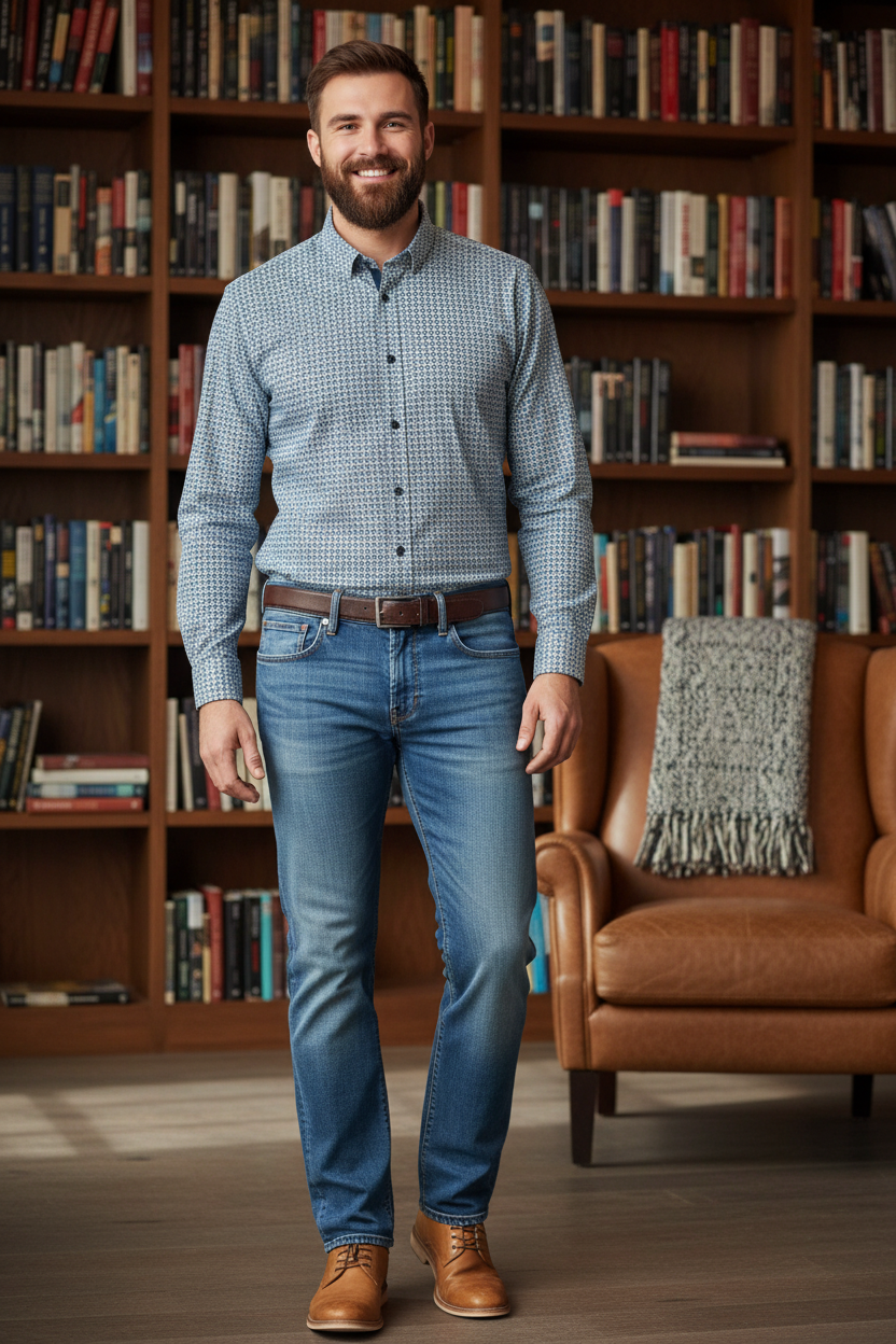 Man wearing the AG Protege in 14 Years Note with the Johnston & Murphy Printed Cotton Shirt in Blue/Brown at home, an easy outfit for relaxed days at home, hosting friends and easy weekends