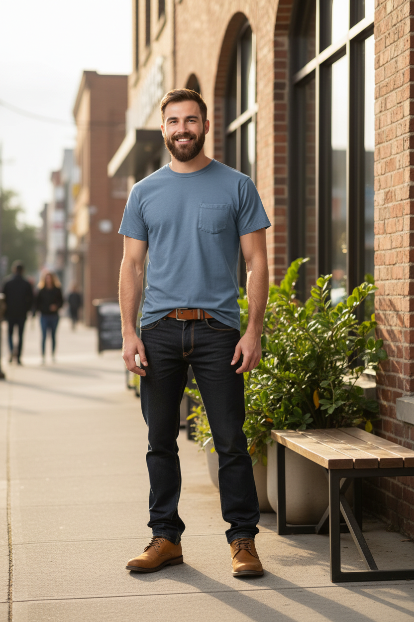 DU/ER PurePima Pocket Tee in stone blue, a breathable, pill-resistant tee for coffee shop mornings, downtown strolls and easy weekends.
