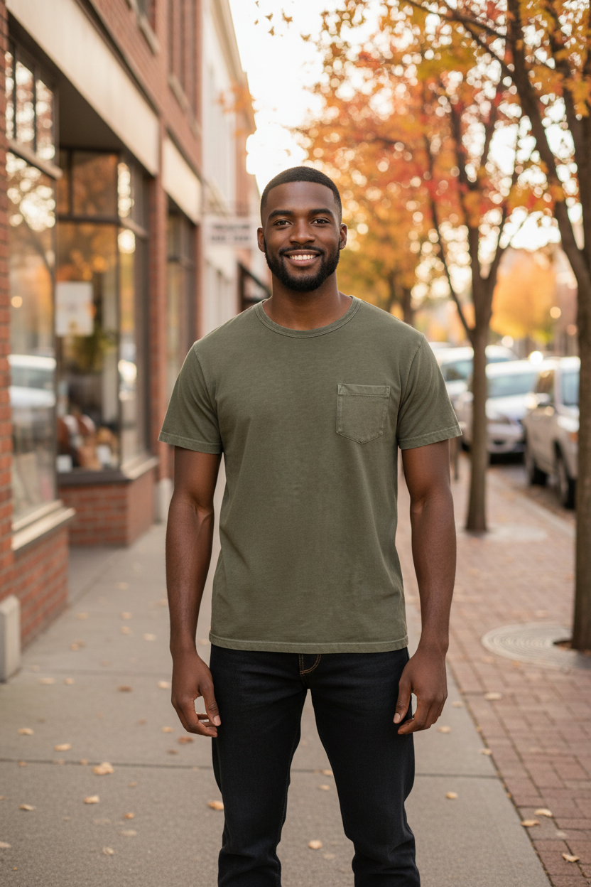 DU/ER PurePima Pocket Tee in washed kelp green, a breathable, pill-resistant tee for fall walks downtown, brewery stops and relaxed weekends.