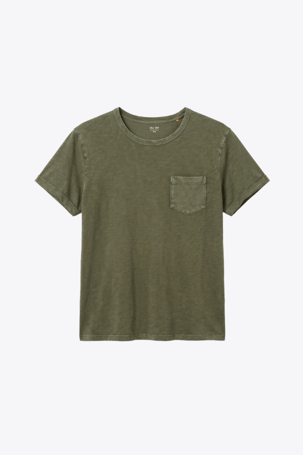 DUER PurePima Pocket Tee - Washed Kelp, a soft, comfortable tee for everyday wear, layering, travel and weekend adventures
