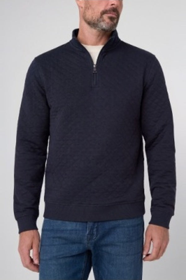 Liverpool men's quarter zip pullover in navy, a soft textured knit layer for cool mornings, travel and casual weekends