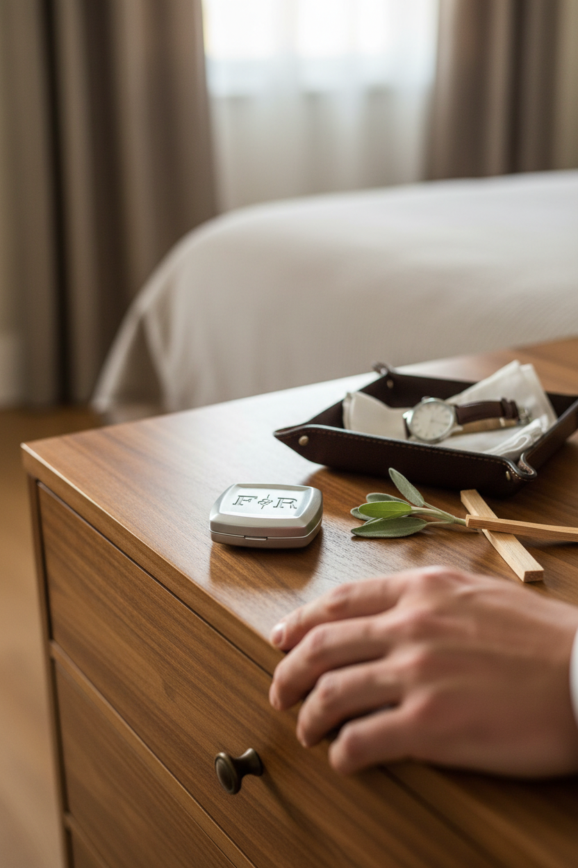 Fulton & Roark Ramble solid cologne on a walnut dresser beside a valet tray and watch, a sandalwood, sage and amber solid fragrance to wear daily, toss in a gym bag or give as a gift