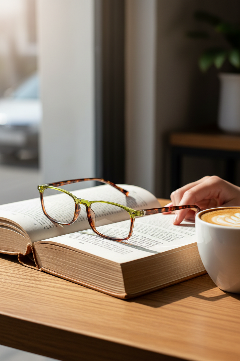 Blue Gem Reader Glasses (1973) on an open book with a latte, perfect for reading, screen time and everyday wear