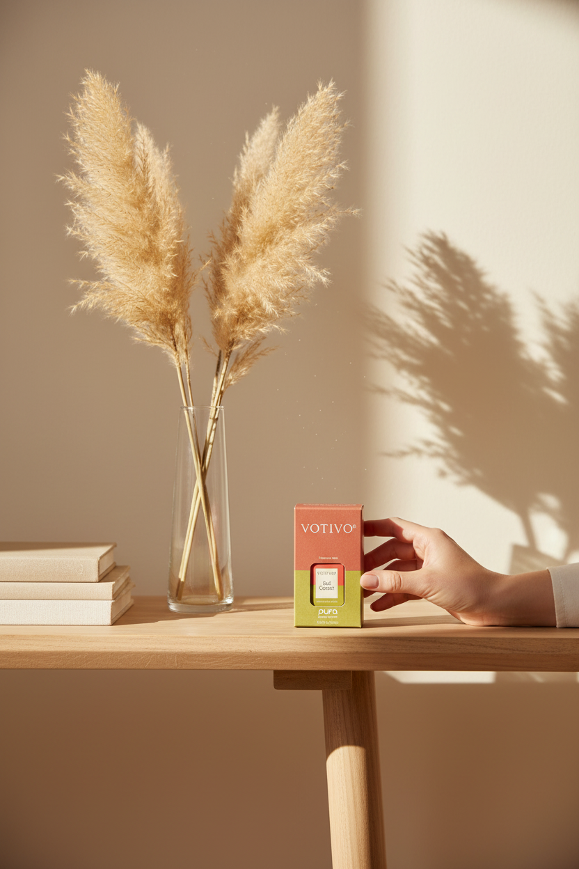 Votivo Red Currant Pura fragrance refill on a styled console table in a warm living room, perfect for filling your home with fragrance and easy gifting