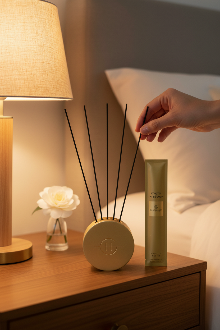 Glasshouse Kyoto In Bloom replacement scent stems in the gold Scent Scene Metal Vessel beside the refill sleeve on a bedroom nightstand, perfect for refreshing your diffuser at home