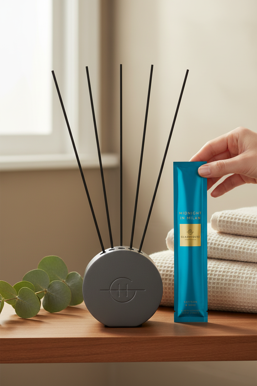 Glasshouse Midnight In Milan replacement scent stems in the Scent Scene Metal Vessel beside the refill sleeve on a bathroom shelf with towels, perfect for refreshing your diffuser at home