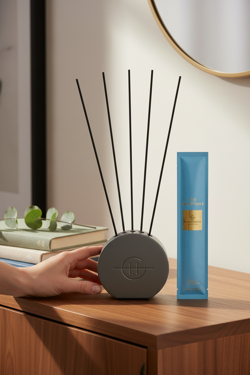 Glasshouse The Hamptons replacement scent stems in the Scent Scene Metal Vessel beside the refill sleeve on an entryway console, perfect for refreshing your diffuser at home