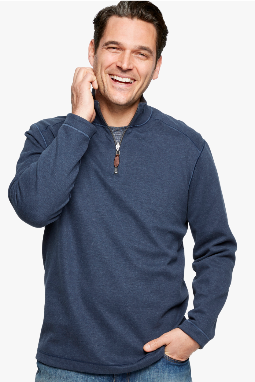 Johnston & Murphy Reversible Solid 1/4 Zip - Navy/Brown, a cozy go-to pullover for chilly mornings, road trips, the office and lounging at home