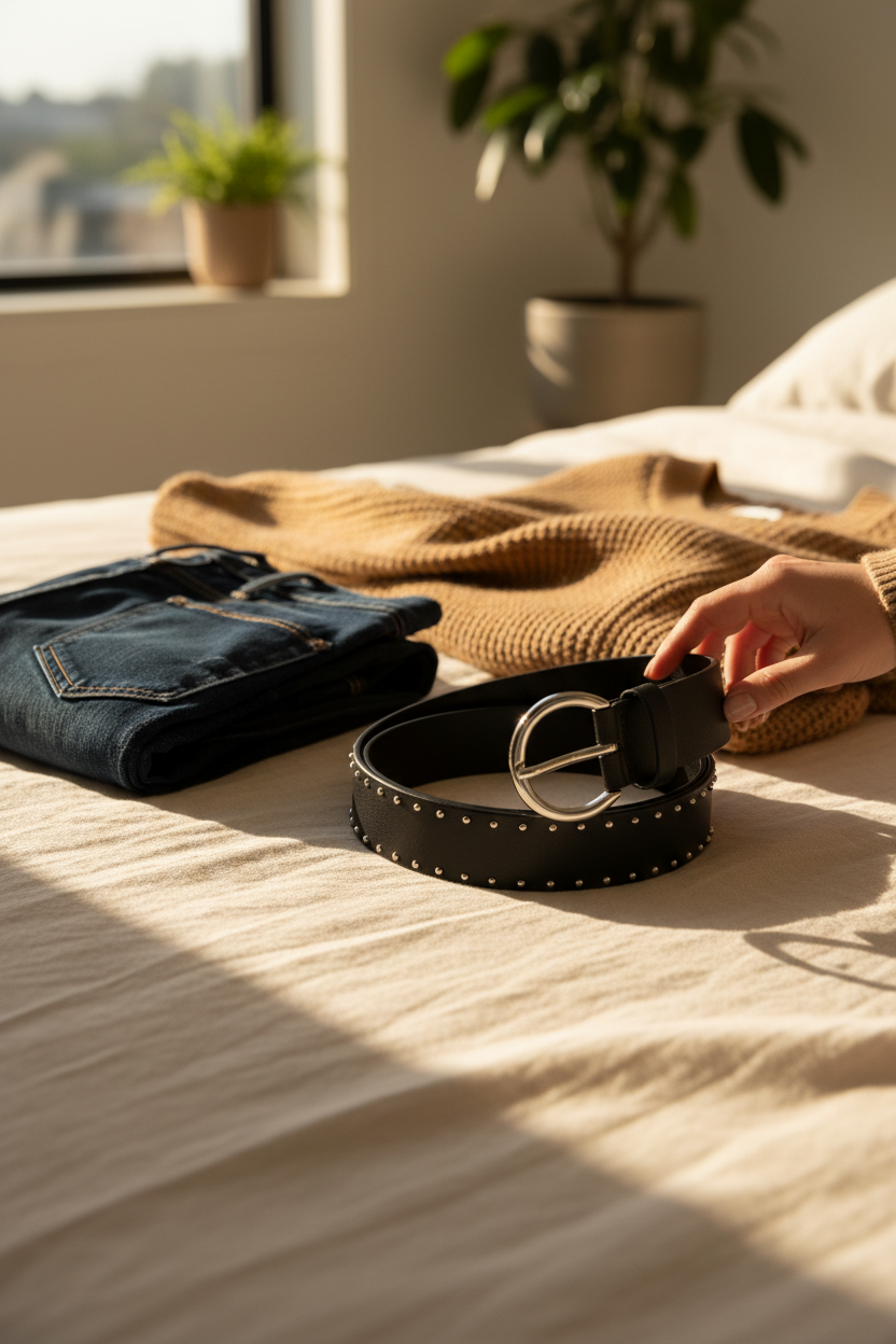 Sanctuary Riot Belt in Black styled on a cream linen bed with denim and a camel sweater, perfect for pairing with jeans, dresses and everyday outfits