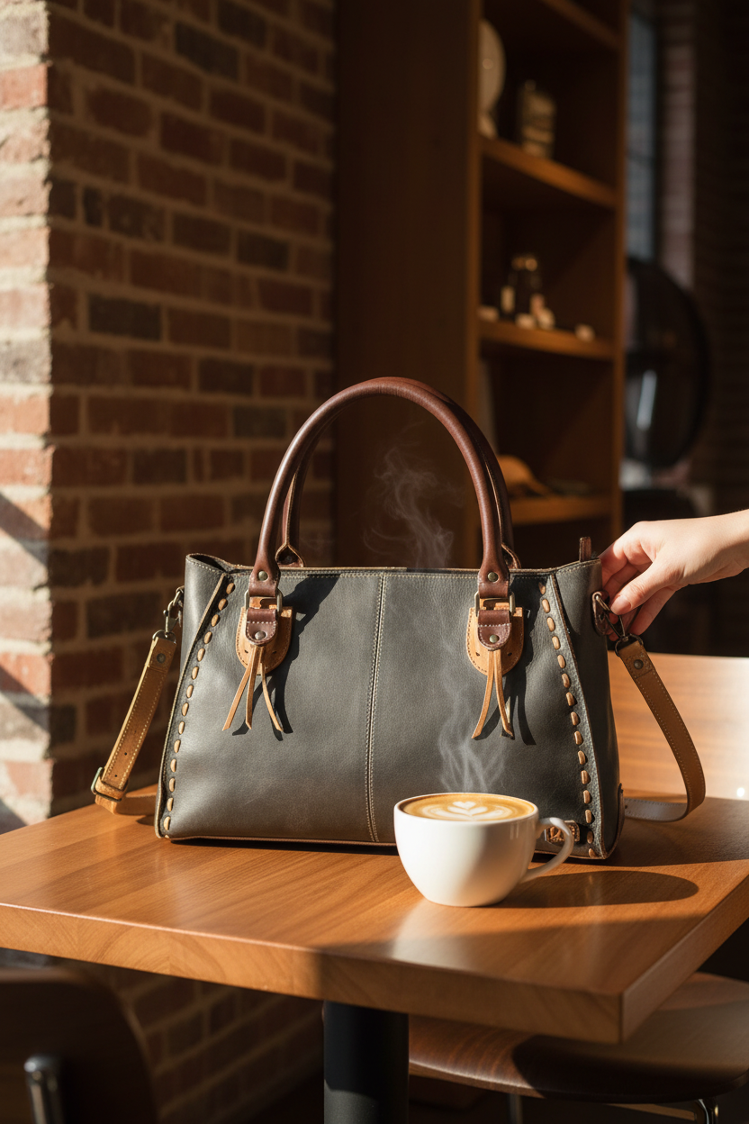 BedStu Rockababy Handbag in Java Rustic on a cafe table in a cozy boutique, perfect for everyday errands, weekend outings and travel