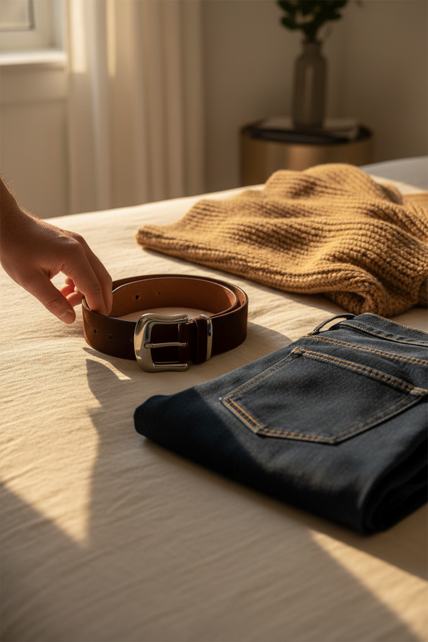 Sanctuary Rowan Belt styled on a cream linen bed with denim and a camel sweater, perfect for pairing with jeans, dresses and everyday outfits
