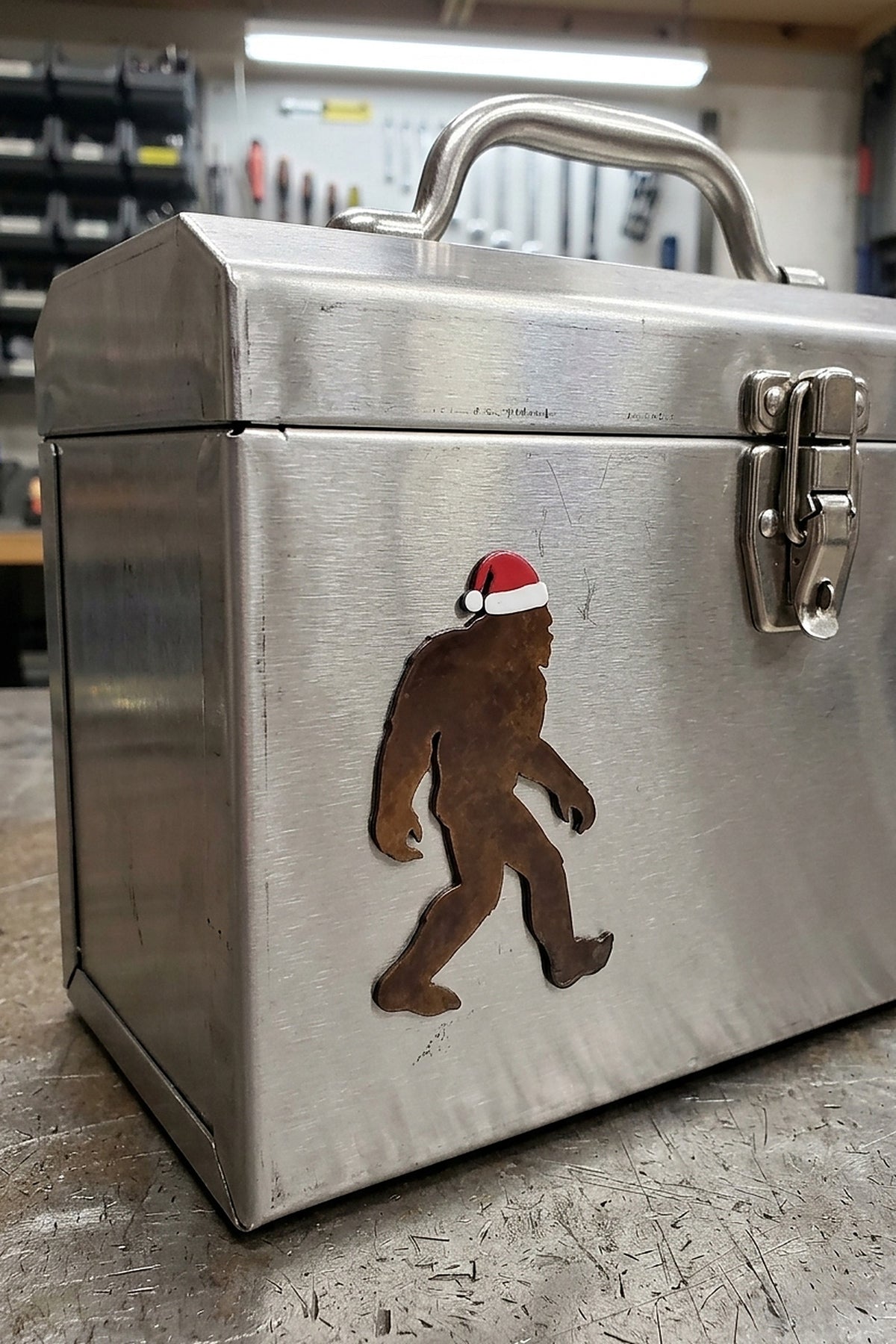 Paradise Cay Publications Santa Bigfoot magnet in a Santa hat on a metal toolbox, a festive rusted-steel Bigfoot magnet for the fridge, toolbox or truck at Christmas, and a fun stocking stuffer for Bigfoot fans