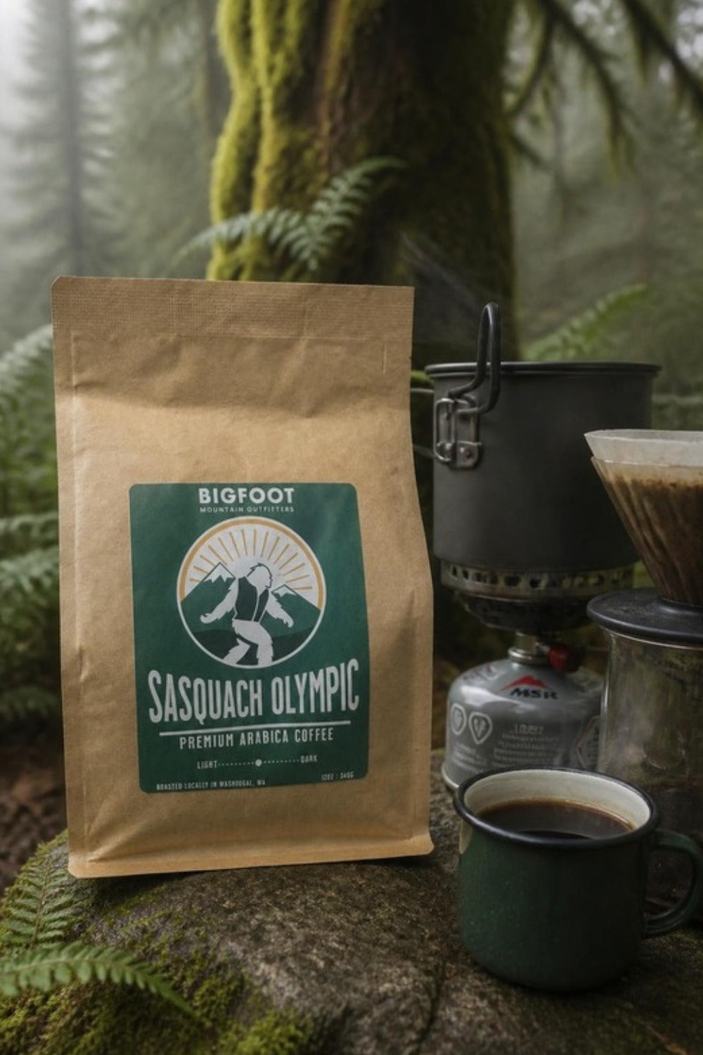 Sasquatch Olympic medium roast for trail mornings and weekend camping trips — pack it for a pour-over at the trailhead or brew a pot at home. Locally roasted Pacific Northwest coffee, a great gift for hikers and backpackers.