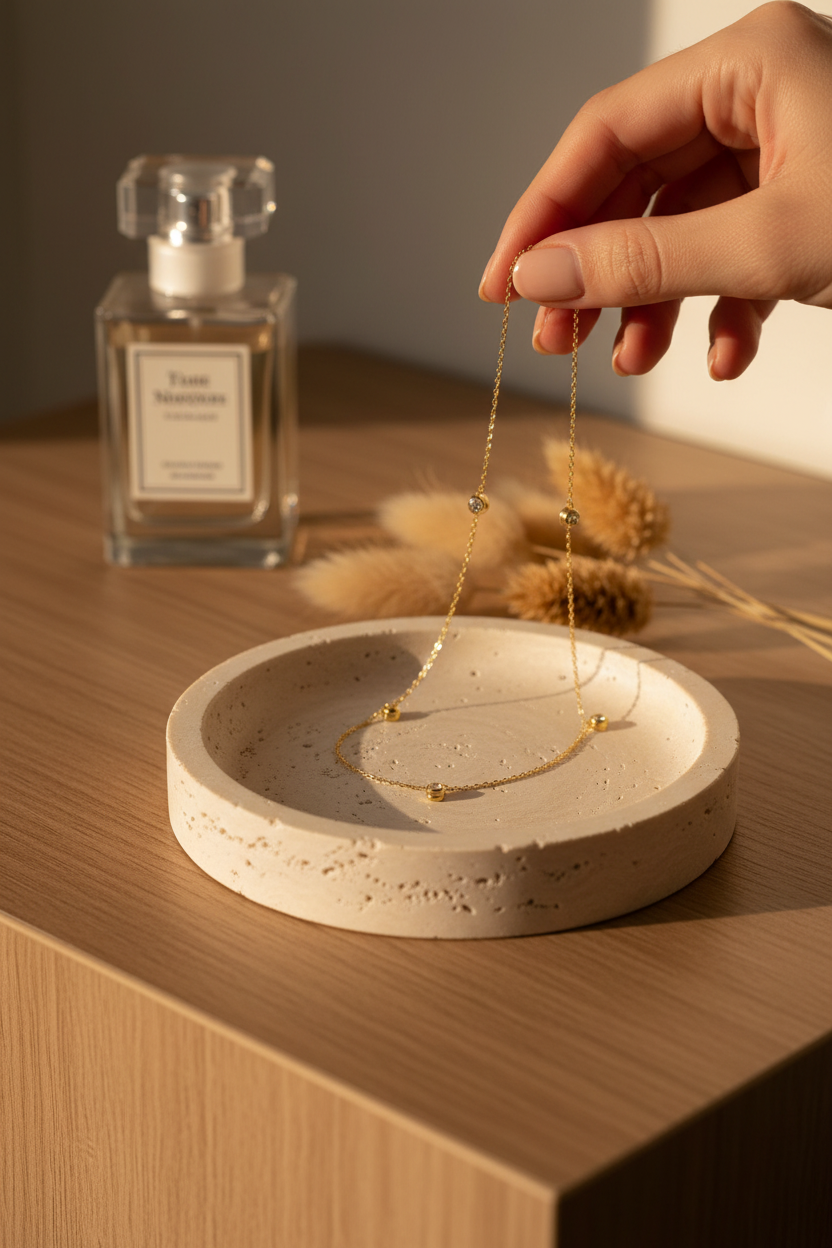 Miranda Frye Shea Necklace draped on a travertine jewelry dish, perfect for layering, everyday wear and gifting