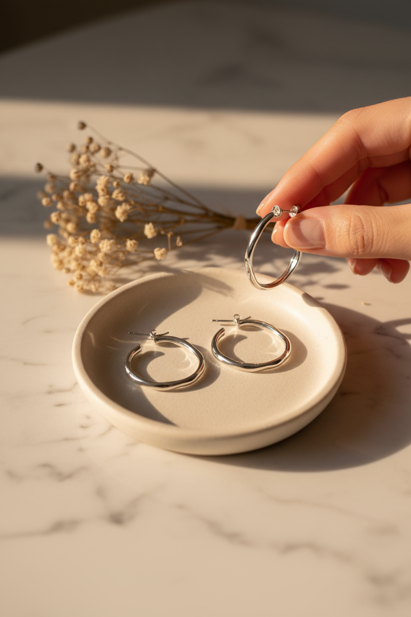 UNO de 50 Silver-Plated Open Hoop Earrings on a ceramic dish on a vanity, perfect for everyday wear, date nights and gifting