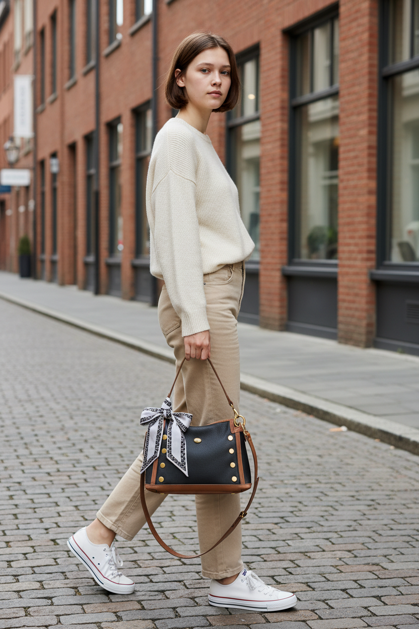 Black Trim Skinny Scarf tied in a bow on the handle of the Hammitt Bryant Med Handbag, carried on a downtown street, perfect for personalizing your handbag for everyday errands and weekend outings