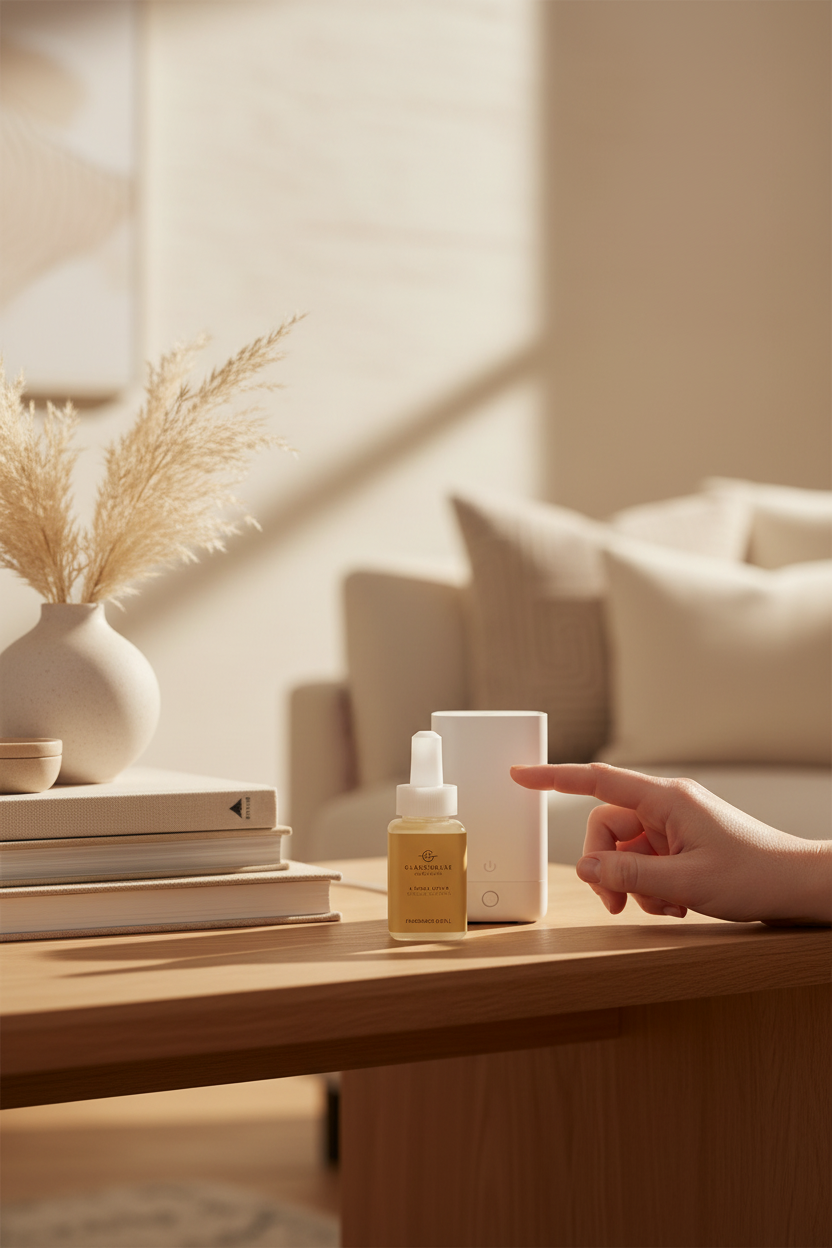Glasshouse A Tahaa Affair Pura smart vial on a styled console table in a warm living room, perfect for filling your home with fragrance and easy gifting
