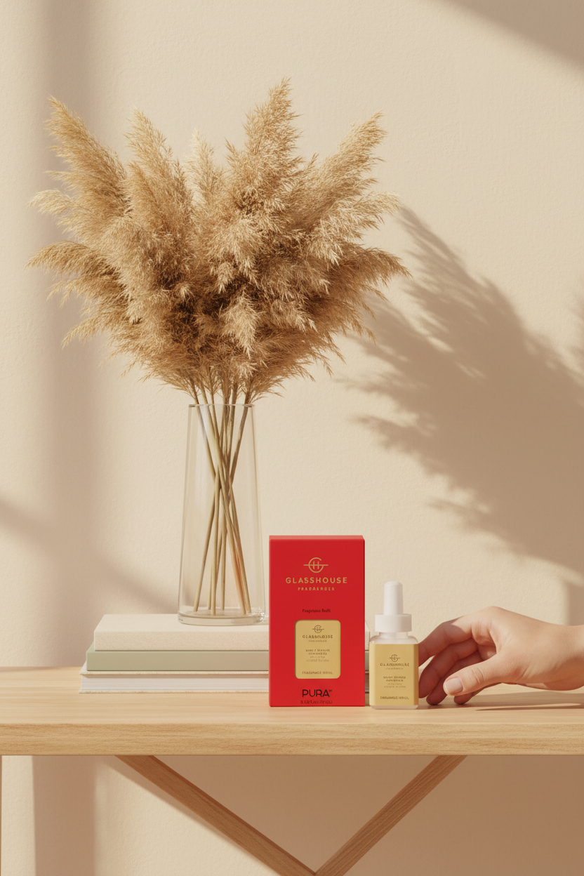 Glasshouse Night Before Christmas Pura smart vial on a styled console table in a warm living room, perfect for filling your home with fragrance and easy gifting