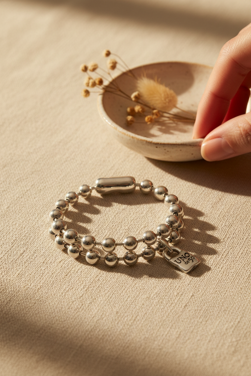 UNO de 50 Snowflake Bracelet with padlock in Silver styled on cream linen with dried florals, perfect for stacking, everyday wear and gifting